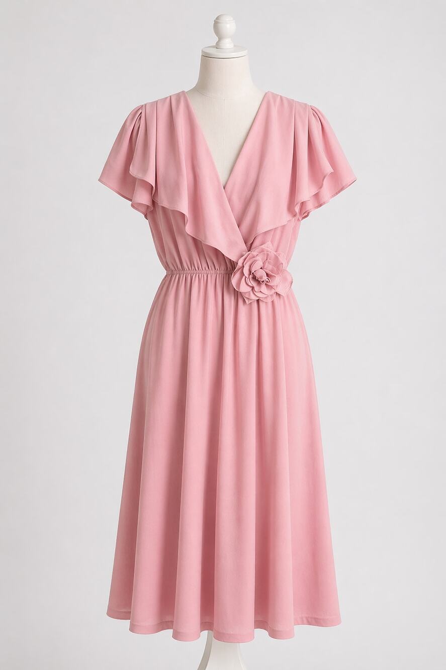 Vintage | 70s Pink Draped Dress Grecian Style Movable Flower